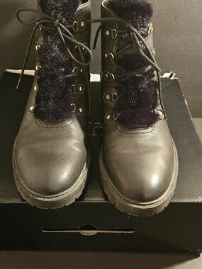 Ralph Lauren Black Lace-Up Faux Fur Combat Boots with Gold Hardware